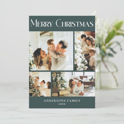 写真コラージュモダンスカンジナビアのグリーンクリスマス シーズンカード (スタンド正面)