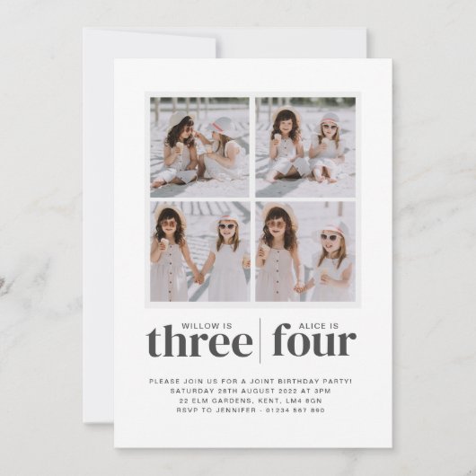 写真コラージュ姉妹合同誕生日招待状 招待状 (正面)