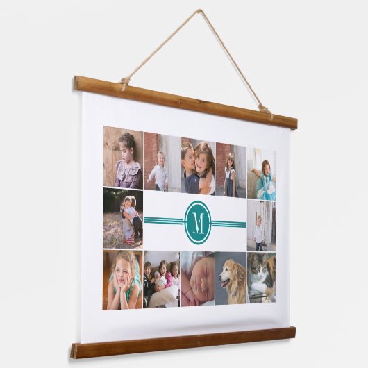 写真コラージュ12枚の写真ティール(緑がかった色)ブルーモノグラム 吊り下げ型タペストリー (傾斜あり)
