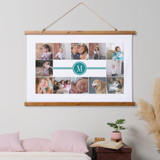 写真コラージュ12枚の写真ティール(緑がかった色)ブルーモノグラム 吊り下げ型タペストリー (寝室)