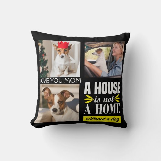 写真コラージュ3人の写真と犬の引用文 クッション (正面)
