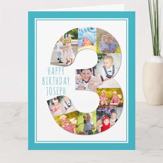 写真コラージュ3男の子の3歳の誕生日 カード (正面)