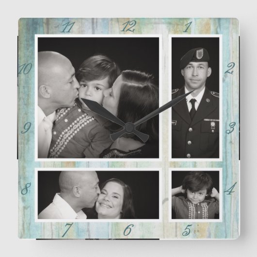 写真コラージュ4の流木の海のビーチ スクエア壁時計 (正面)