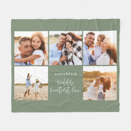 写真コラージュ・セガーリーージ・グリーンモダンマザーズデー フリースブランケット (正面(横))