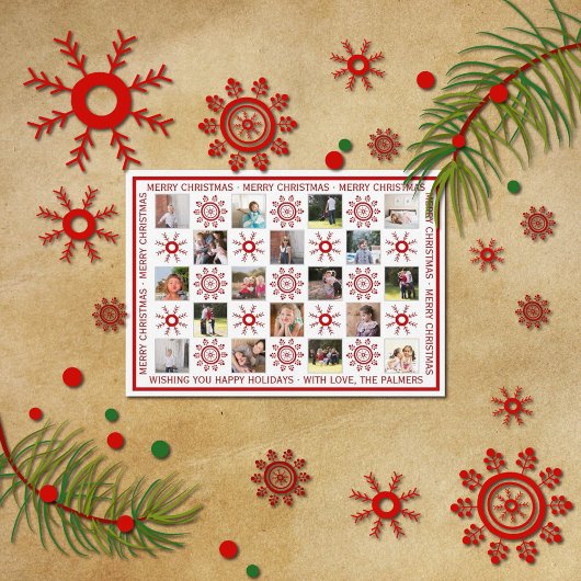 写真コラージュ、赤い雪の結晶とクリスマスの願い シーズンカード