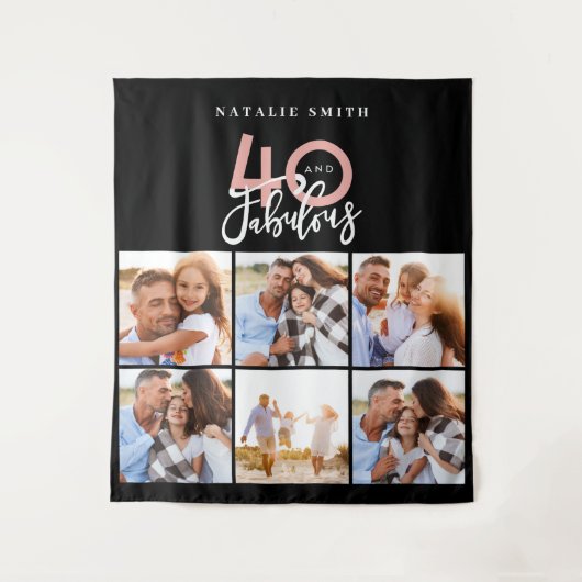 写真コラージュ 黒とピンク 40歳にして最高に素敵 タペストリー (正面)