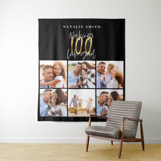 写真コラージュ 黒と金 100歳の誕生日 モダン タペストリー (インサイチュ)