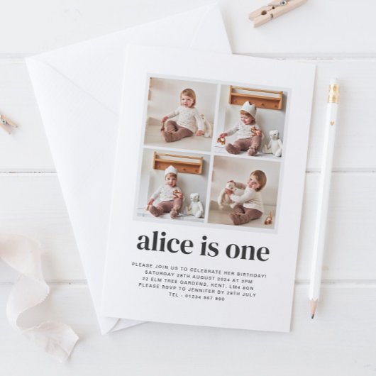 写真コラージュ 1歳の女の子の誕生日招待状 招待状