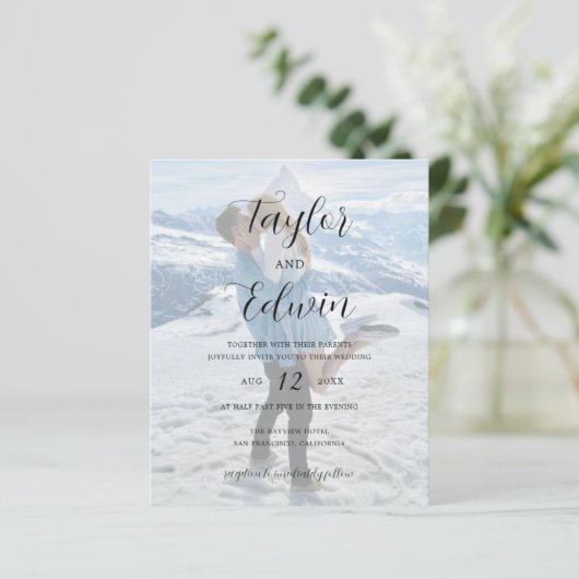 写真コンテンポラリー予算結婚式招待状 (スタンド正面)