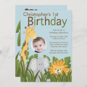 写真サファリジャングル動物の子ども誕生パーティー 招待状 (正面/裏面)