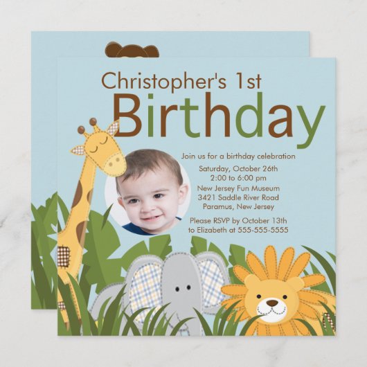 写真サファリジャングル動物の子ども誕生パーティー 招待状 (正面/裏面)