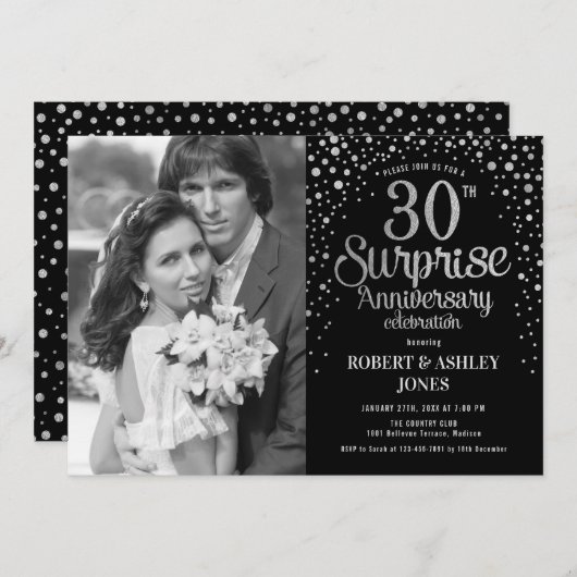 写真サプライズ 30周年記念 - ブラックシルバー 招待状 (正面/裏面)