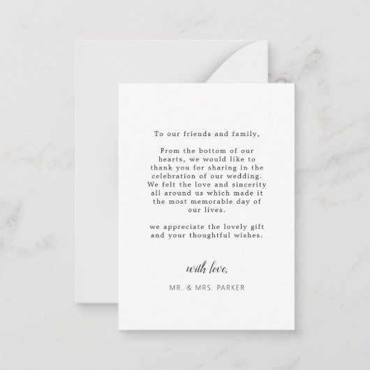 写真シンプルのエレガントな結婚式の書道台本 ノートカード (裏面)