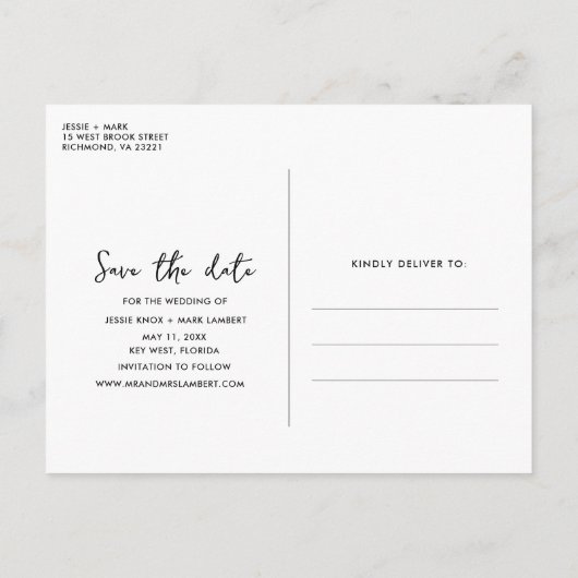 写真シンプル予算の結婚式の日付の保存 案内ポストカード (裏面)