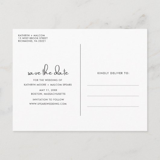 写真シンプル予算の結婚式の日付の保存 案内ポストカード (裏面)