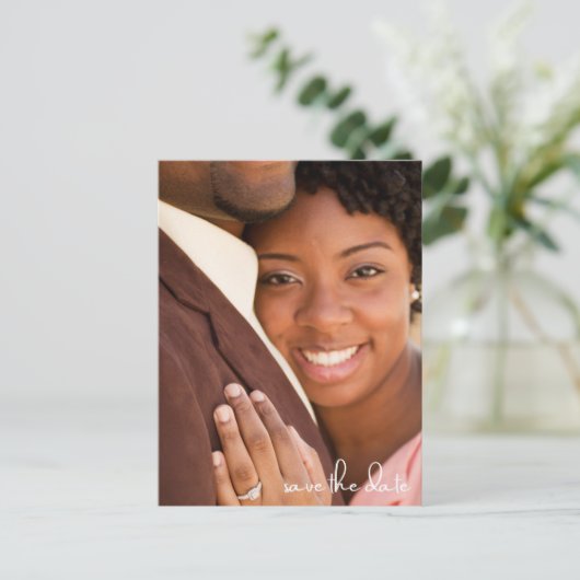 写真シンプル予算の結婚式の日付の保存 案内ポストカード (スタンド正面)