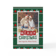 写真シンプル付き赤と緑のクリスマスグリーティング