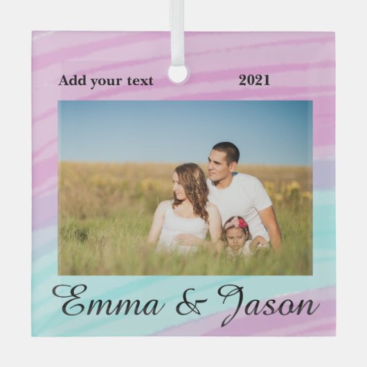 写真シンプル年の水の色の名前を追加 ガラスオーナメント (正面)