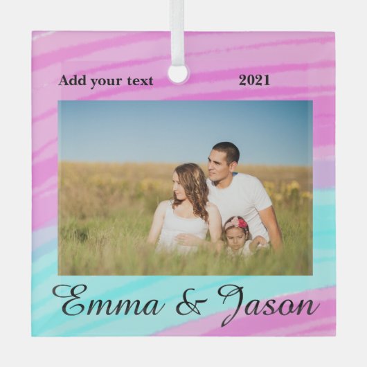 写真シンプル年の水の色の名前を追加 ガラスオーナメント (正面)