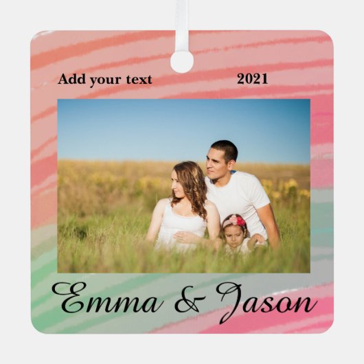 写真シンプル年の水の色の名前を追加 メタルオーナメント (正面)