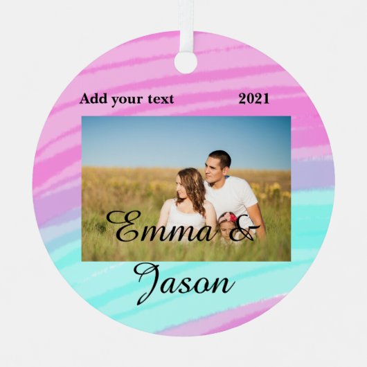 写真シンプル年の水の色の名前を追加 メタルオーナメント (正面)