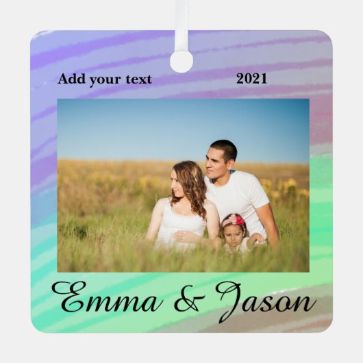 写真シンプル年の水の色の名前を追加 メタルオーナメント (正面)