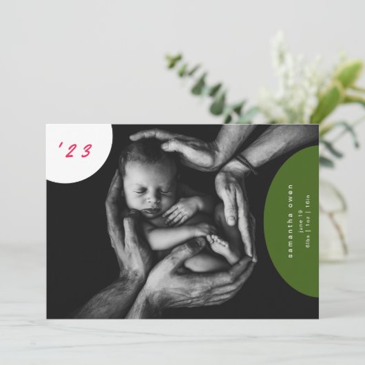 写真シンプル生まれたばかりのコラージュ誕生発表 案内状 (スタンド正面)