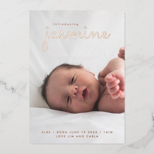 写真シンプル生まれたばかりのコラージュ誕生発表 箔招待状 (正面)