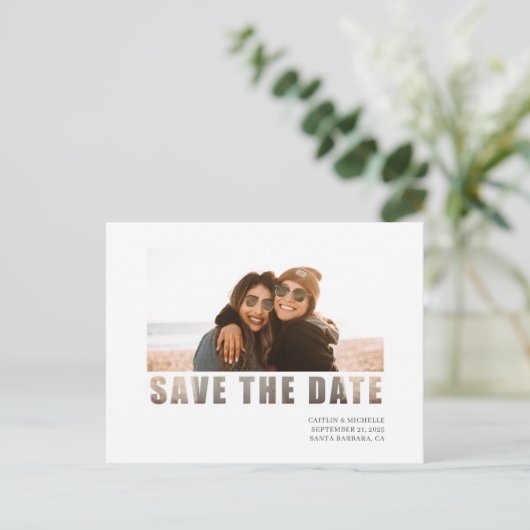 写真シンプル白の結婚式の日付を保存 案内ポストカード (スタンド正面)