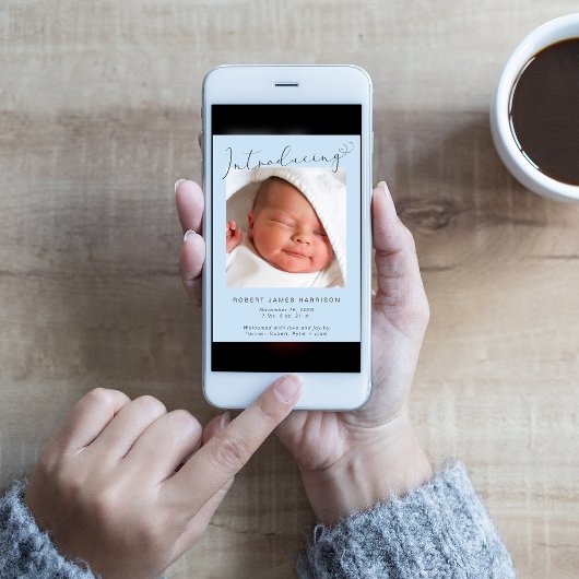 写真シンプル紹介ブルー男の赤ちゃん誕生 案内状