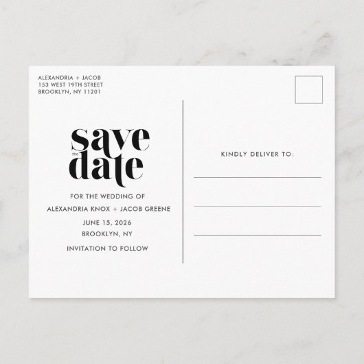写真シンプル結婚式の日付の保存 案内ポストカード (裏面)
