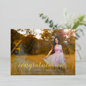 写真シンプル金ゴールドエレガント卒業発表 箔招待状 (立ち正面)