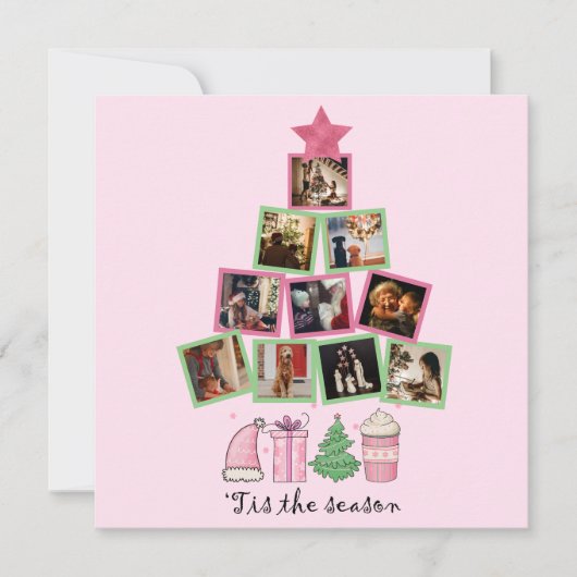 写真シーズンのピンク&グリーンクリスマス シーズンカード (正面)