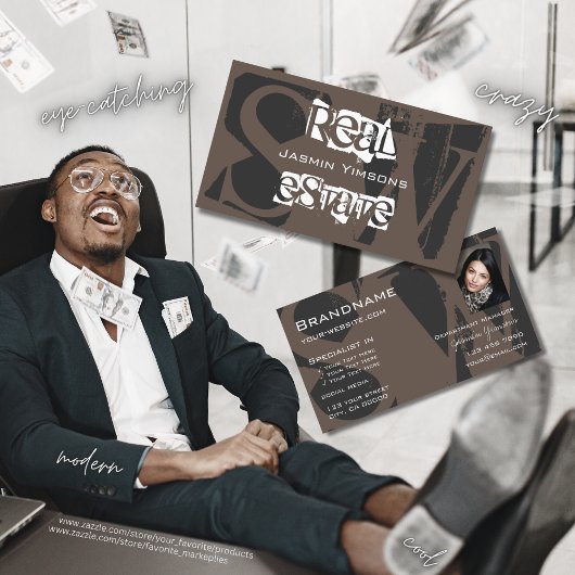 写真スタイリッシュとモノグラムの茶色の灰色の白 名刺