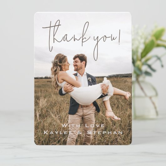 写真スタイリッシュのパーソナライズされたサンキューカード セーブザデート (スタンド正面)