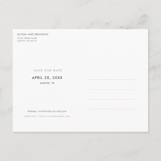 写真スタイリッシュの結モダン婚式のスクリプトを作成 案内ポストカード (裏面)