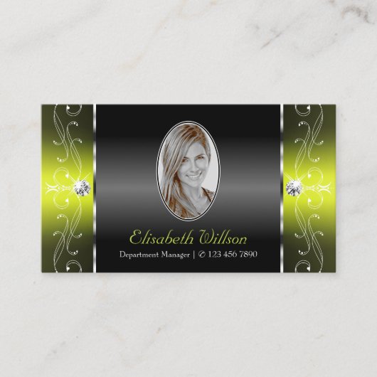 写真スタイリッシュ付き黒い黄色の四角い宝石 名刺 (正面)