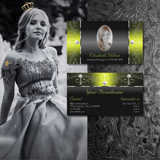 写真スタイリッシュ付き黒い黄色の四角い宝石 名刺