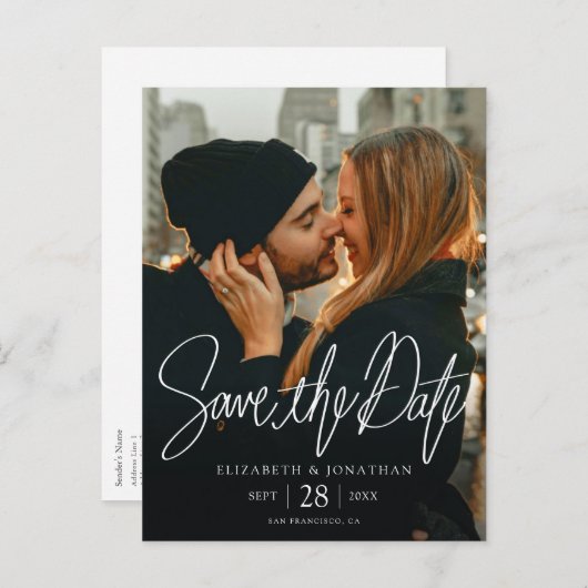 写真スタイリッシュ日付の保結婚存 案内ポストカード (正面/裏面)