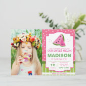 写真ストライプの付きスイカ誕生日招待状 招待状 (スタンド正面)