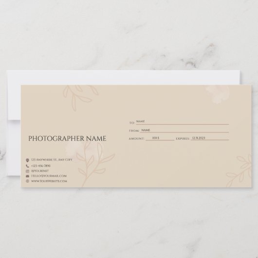 写真セッション，写真の撮影biegeギフトカード， (裏面)