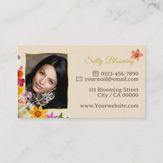 写真テンプレートエレガントワイルドフラワー金ゴールドクリームシック 名刺 (裏面)