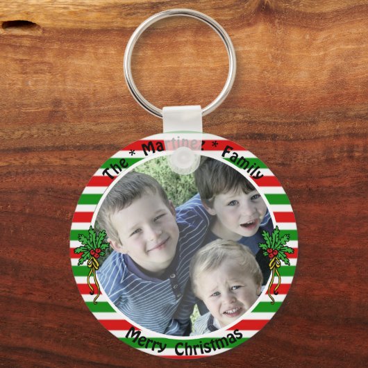 写真テンプレートカスタムレッドグリーンストライプミスタントー キーホルダー (正面)