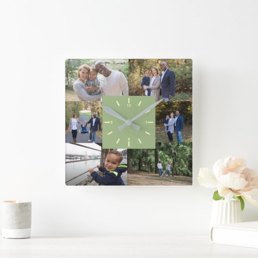 写真テンプレートカスタム6写真ファミリーライトグリーン スクエア壁時計 (ホーム)