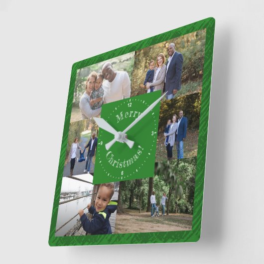 写真テンプレートカスタム6家族の写真ダークグリーン スクエア壁時計 (傾斜)