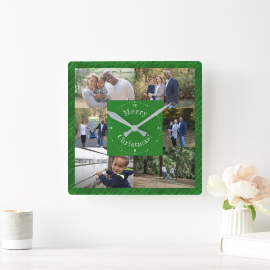 写真テンプレートカスタム6家族の写真ダークグリーン スクエア壁時計 (ホーム)