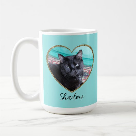 写真テンプレートグリッターハートとペット名前をカスタムする コーヒーマグカップ (左)