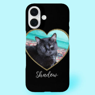 写真テンプレートグリッターハートとペット名前をカスタムする iPhone 16ケース