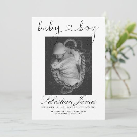 写真テンプレートハートタイポグラフィ新生児ボーイ 案内状 (スタンド正面)