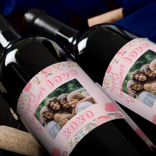 写真テンプレートピンクのフローラハッピーガレンティンデー ワインラベル